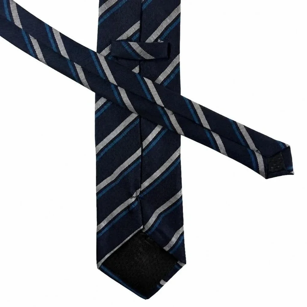 Mens Navy Blue Silver Teal Diagonal Stripe Woven Necktie Business Prep